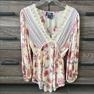 Angie Cream Floral Lace-Trim Boho Peasant Tunic